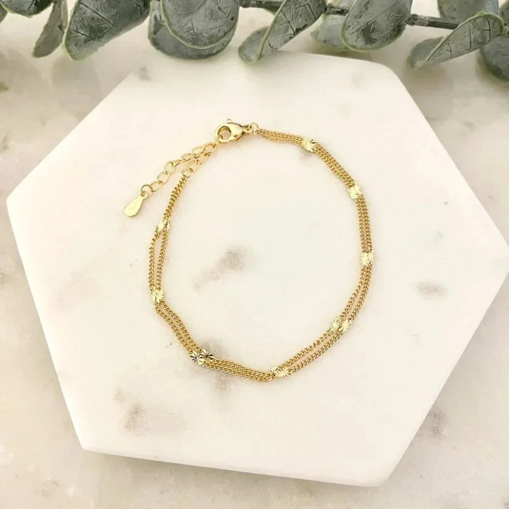 925 Sterling Silver Double Layer Dainty Minimalist Bracelet Gold